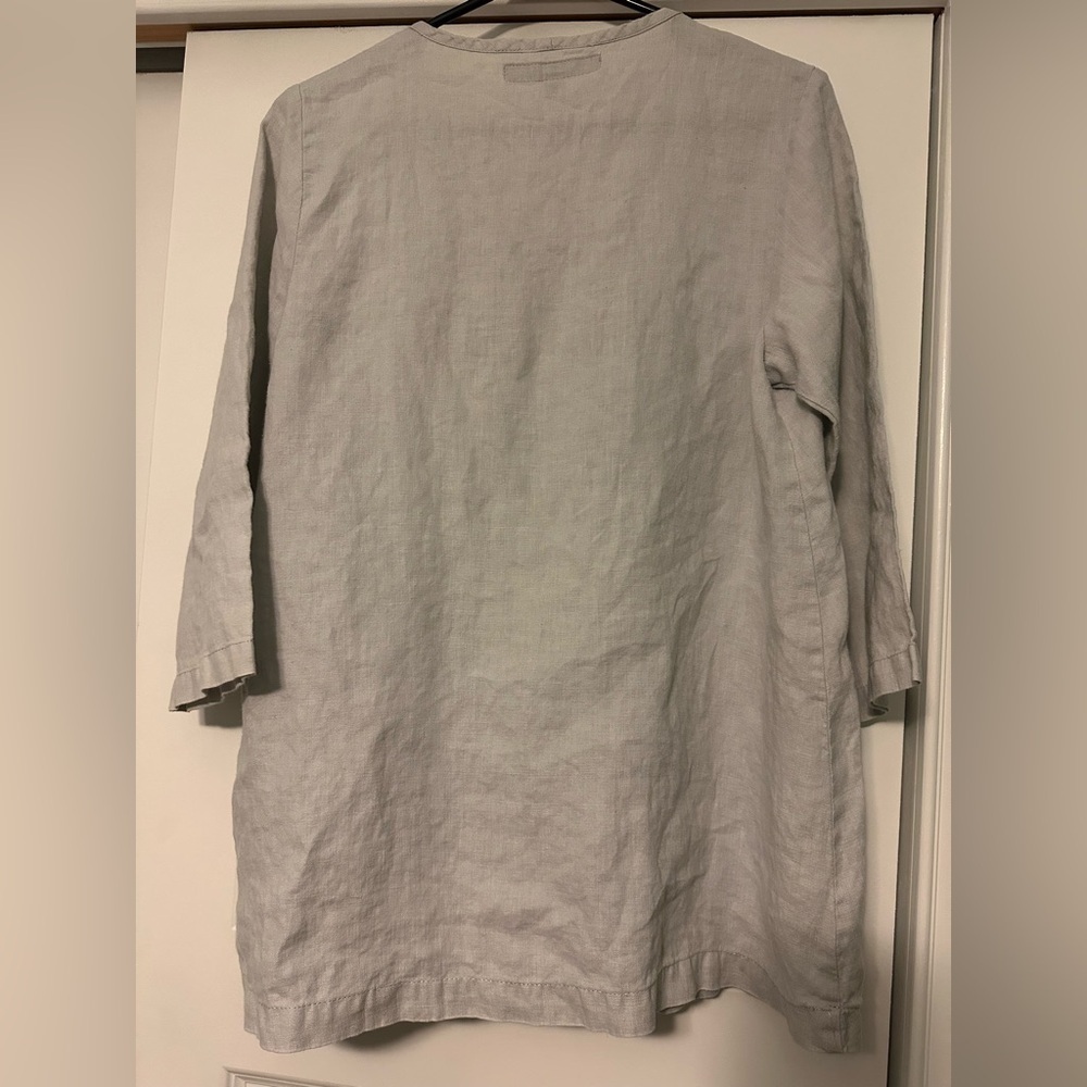 FLAX Women’s Sz P (4-6) 3/4 Sleeve Linen Lagenlook Flowy Top Gray Scoop Neck - Picture 2 of 4
